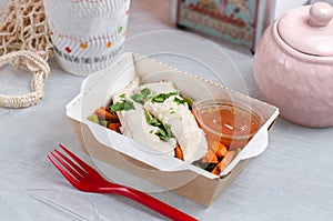 Healthy food lunch in kraft paper carton eco box disposable bowl container, cup.