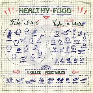 Healthy food menu list with hand drawn assorted fruits and vegetables graphic symbols