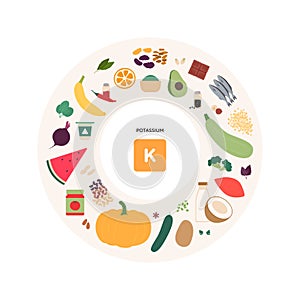 Healthy food micronutrients guide concept. Vector flat illustration. Collection of potassium product sources. Colorful set of photo