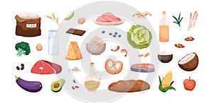 Healthy food, nutritions set. Meat, dairy products, vegetables, fruits, oil, avocado and flour, bread. Protein, carbs