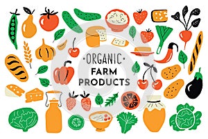 Healthy food, organic products set. Funny doodle hand drawn vector illustration. Farm market cute nutrition collection.