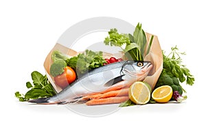 Healthy food in paper bag fish, vegetables and fruits isolated on white background
