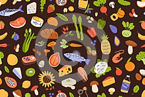 Healthy food pattern. Seamless background with organic vitamin vegetables and fruits, fresh meat and fish. Endless