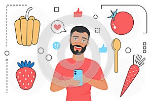 Healthy food phone app, man using phone application to cook dietitian vegetarian meal