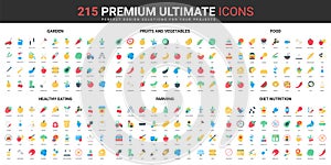 Healthy food product, farming and diet, garden fruits and vegetables color flat icons set