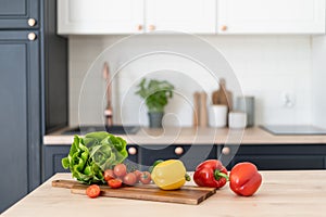 Healthy food products on table in kitchen