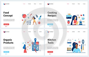 Healthy food recipe for cooking meal concept landing page set, menu to cook at kitchen