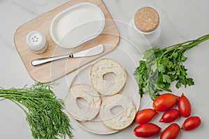 Healthy food with round toast, bottle, vegetables and cheese/Healthy food with round toast, bottle, vegetables and cheese on white