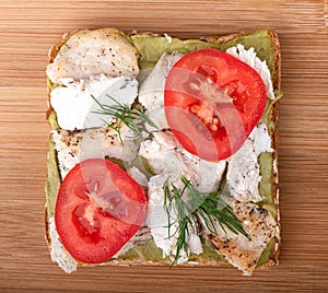 Healthy food sandwich whole grain bread on a wooden background