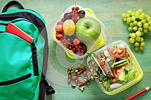 healthy food school lunch box with fruits vegetables