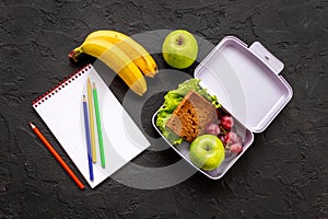 Healthy food in school lunch box. Meal with sandwich and fruits