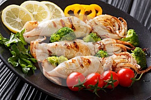 Healthy food seafood: grilled squid with fresh vegetables close-up on a plate on a wooden. horizontal