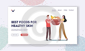 Healthy Food for Skin Care Landing Page Template. Tiny Male and Female Characters Holding Huge Bowl with Fresh Fruits