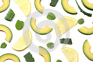 Healthy food. sliced avocado isolated on white background. top view