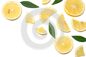 healthy food. sliced lemon with green leaf isolated on white background top view