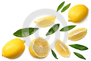 Healthy food. sliced lemon with green leaf isolated on white background top view