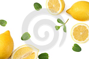 healthy food. sliced lemon with green leaf isolated on white background top view