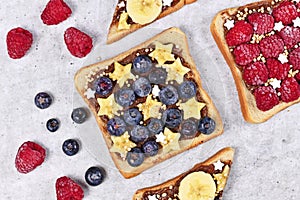 Healthy food with slices of fruit spelt toast bread topped with blueberry and banana and puffed quinoa grains