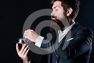 Healthy food for success. brutal caucasian hipster hold metallic dish. Waiter man. Perfect recipe. businessman in suit