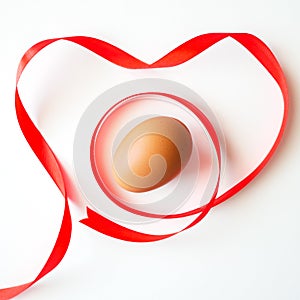 Healthy food valentine day idea concept, Isolated gift of fresh chicken egg with red heart ribbon decorated on white table