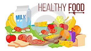 Healthy Food Vector. Diet For Life Nutrition. Modern Balanced Diet. Flat Cartoon Illustration