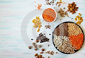 Healthy food of vegan and vegetarian. Plate with raw chickpeas beans and lentils on a light background with raisins and nuts top