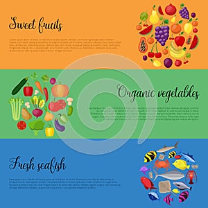 Healthy food with vegetables and fruits banners. Vector illustration