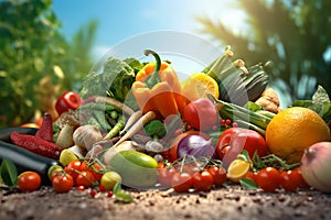 Healthy Food Vegetables and Fruits for a Nutritious Diet on a Sunny Day with Nature Background