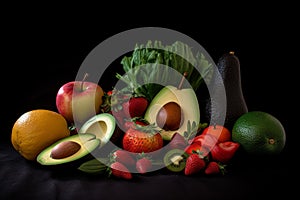 healthy food vegetables and fruits. Photo realism created with AI tools