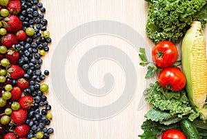 Healthy food. Vegetables and fruits on wood background. Banner Top view. Free space for your text.