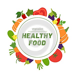 Healthy food. Vegetables sketch menu. Round Frame. Color circle. Hand drawn doodle vector. Design template. Organic market. Fresh