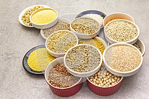 Healthy food vegetarian vegan concept. Assorted various organic cereals, legumes, whole grains