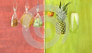 Healthy food versus unhealthful sweets, apple,pineapple,Chinese cabbage and bags of junk food, conceptual image,free copy space