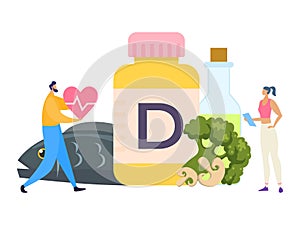 Healthy food, vitamin d, diet, vector Illustration. Foods help replenish body's vitamin supply. Man hold heart