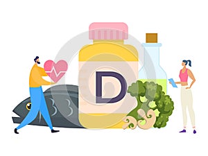Healthy food, vitamin d, diet, vector Illustration. Foods help replenish body s vitamin supply. Man hold heart symbol in