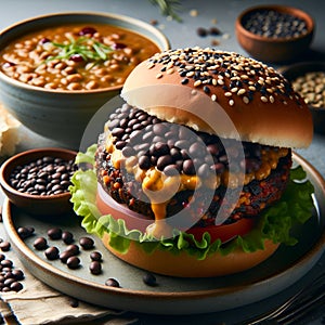 A healthy food for a warm soul and day, black bean burger with protein and fiber, fueling your day, delicious, breakfast