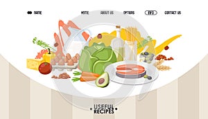 Healthy food website design, vector illustration. Landing page template, diet meal recipes from organic products and