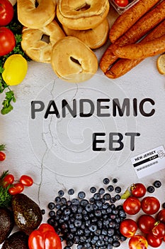 Healthy food on white background with text pandemic ebt