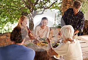 Healthy food for the whole family. A view of a family preparing to eat lunch together outdoors.