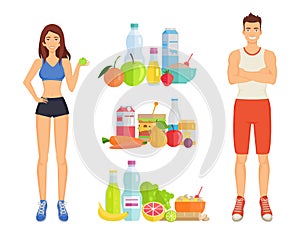 Healthy Food Woman and Man Vector Illustration