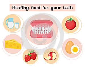 Healthy food for your teeth. Concept of food and vitamins, medicine, prevention of digestive system diseases. Vector