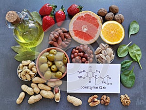 Healthy foods with coenzyme q10 and structural chemical formula of coq10. photo