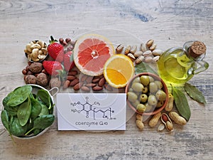 Healthy foods with coenzyme q10 and structural chemical formula of coq10. photo