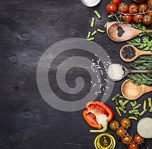 Healthy foods, cooking and vegetarian concept cherry tomatoes, wild rice, spices, salt border ,place text on wooden rustic b