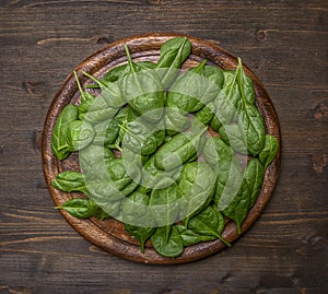 Healthy foods, cooking and vegetarian concept ingredients for the salad,fresh spinach leaveson a wooden cutting board