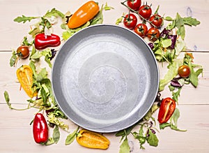 Healthy foods, cooking and vegetarian concept Various vegetables laid out around metal pan, frame, space for text