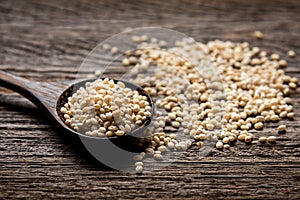 Healthy Foods.  Dried beans, and Quinoa nuts in spoon  for diet on old wooden