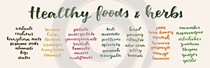 Healthy Foods and Herbs calligrafic set. Vector hand lettered healthy nutrition ingredient list. Healing diet plan example. photo