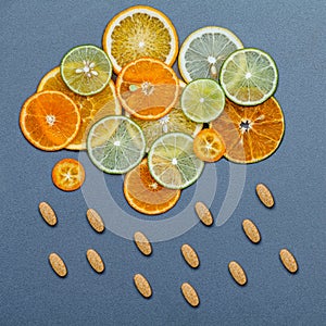 Healthy foods and medicine concept. Pills of vitamin C