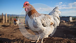 Healthy, free range chicken standing in a sunny farm meadow generated by AI